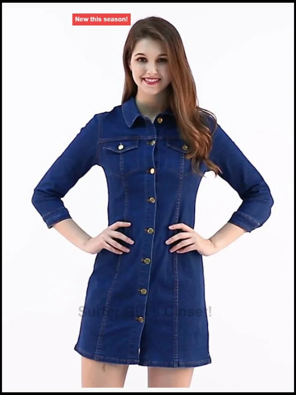 Womens Denim Mini Dress 3/4 Sleeve Button Down Fitted Casual Western Style